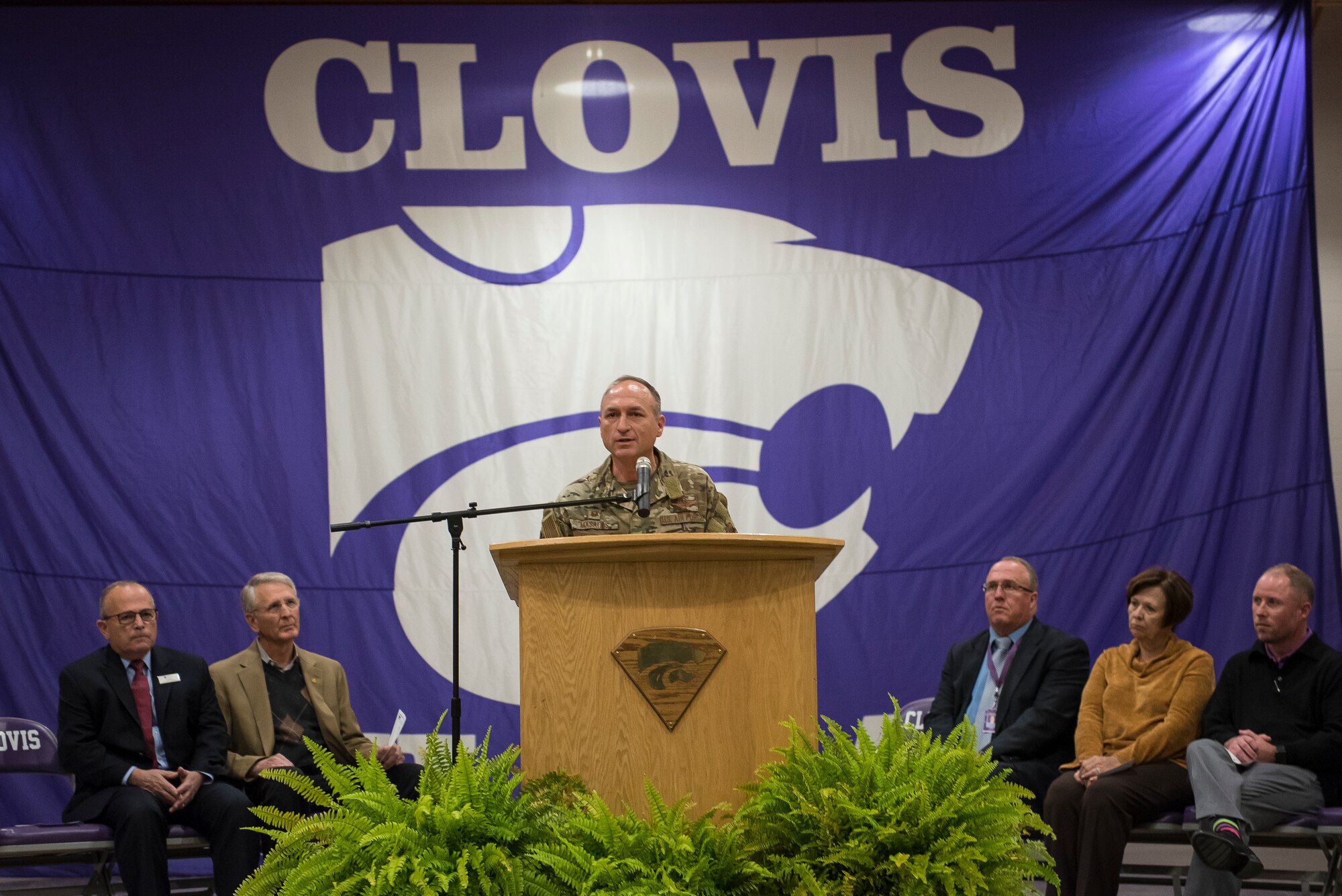 Col. Robert Masaitis, 27th Special Operations Wing commander, gives a speech at the National Math and Science Initiative program reveal at Clovis, N.M., Oct. 30, 2019. Clovis High School was selected for the program due to the high number of military dependents attending the school. (U.S. Air Force photo by Senior Airman Vernon R. Walter)
