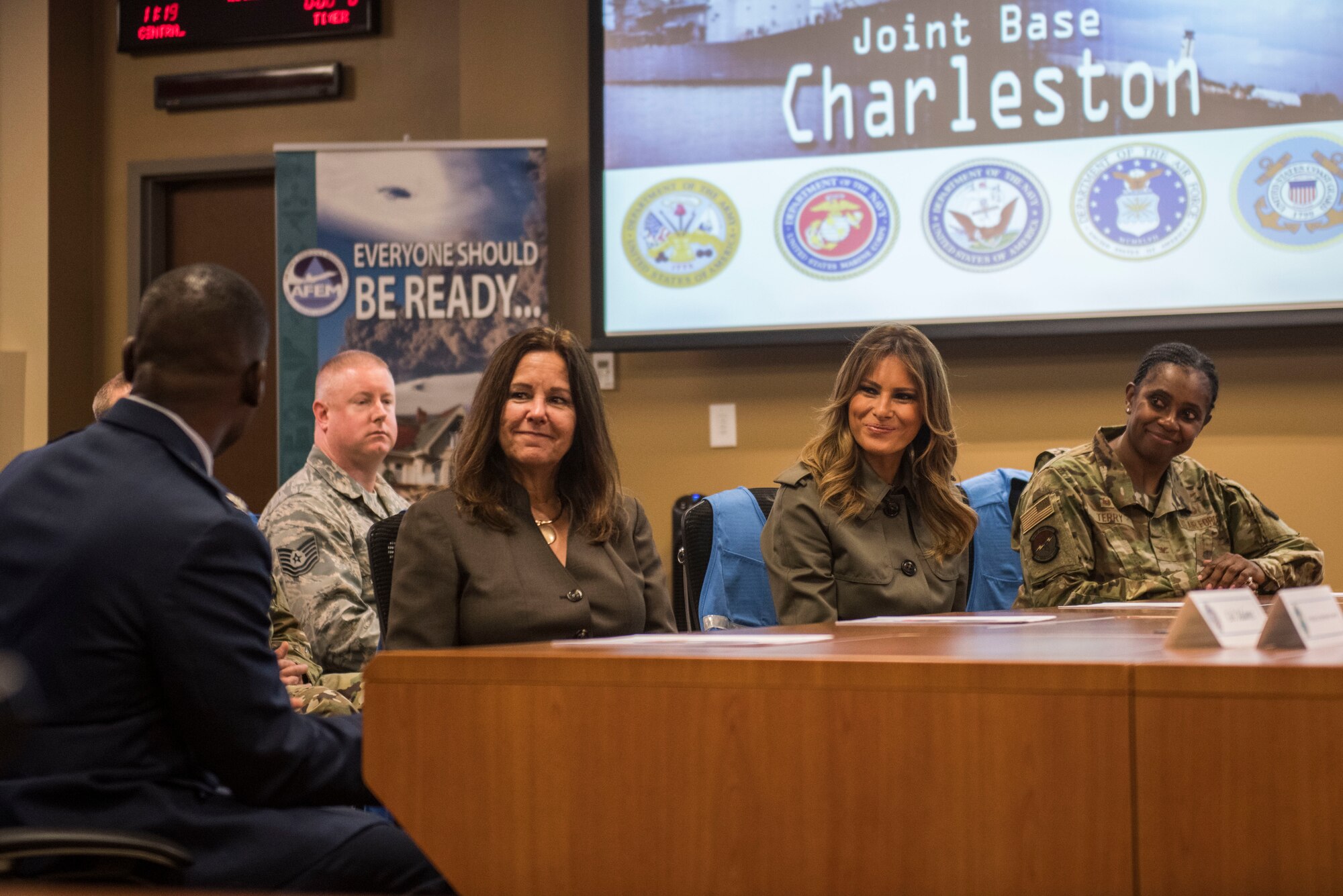 First Lady Melania Trump and Second Lady Karen Pence are briefed on Joint Base Charleston’s disaster preparation and relief efforts at the JB Charleston Emergency Operations Center during their visit to JB Charleston, S.C. October 30, 2019. While here, they met with Airmen, Sailors, Soldiers, Marines, Coast Guardsmen, and students from Lambs Elementary School to learn more about the community’s capabilities in disaster response, relief and recovery efforts.