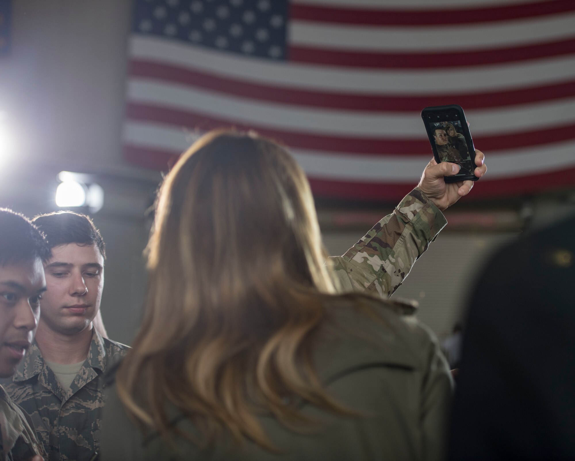 First Lady Melania Trump takes a selfie with a member of Team Charleston during her visit to Joint Base Charleston, S.C. October 30, 2019. While here, she met with Airmen, Sailors, Soldiers, Marines, Coast Guardsmen, and students from Lambs Elementary School to learn more about the community’s capabilities in disaster response, relief and recovery efforts.