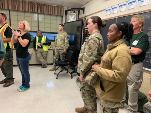 Members of the 633rd Air Base Wing Chaplain Team listen during a Community Emergency Response Team program in Newport News, Virginia, Oct. 19, 2019. The Chaplain Team steps into these situations to help with the spiritual triage for those involved in disastrous scenarios. (Courtesy photo)
