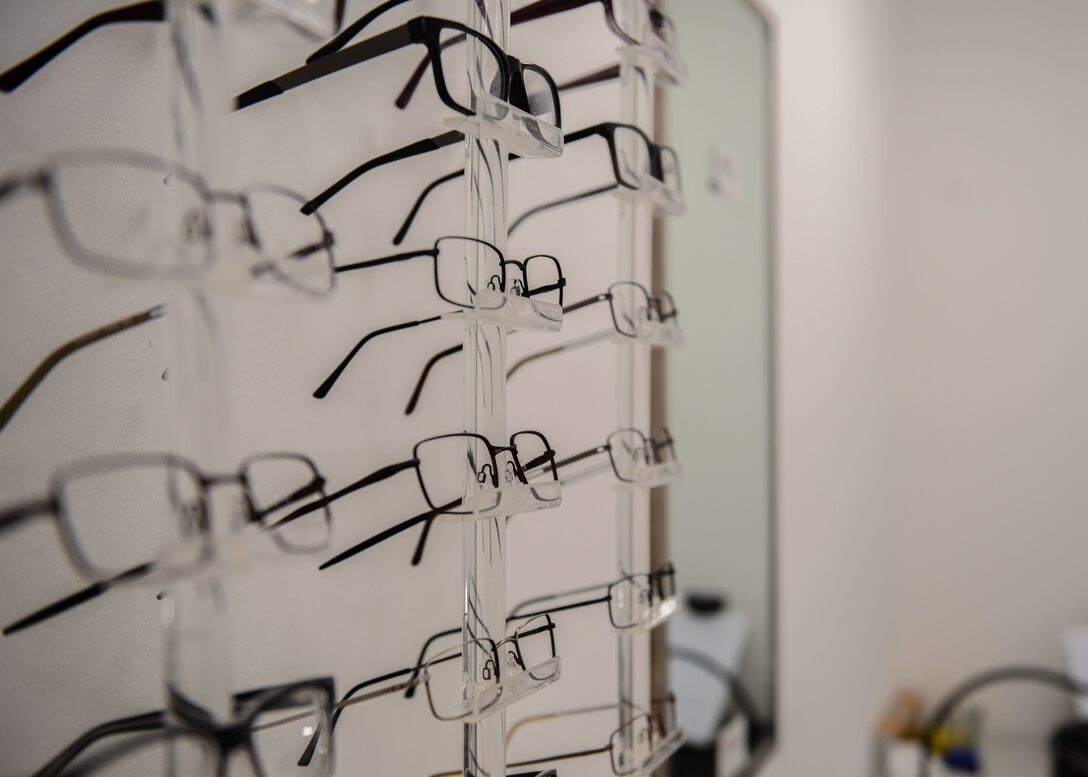 Eye glasses sit on display at the new Optometry office location, Aviano Air Base, Italy, Oct. 30, 2019. Optometry was relocated to Area F in order to provide greater convenience for patients. (U.S. Air Force photo by Airman Thomas S. Keisler IV)