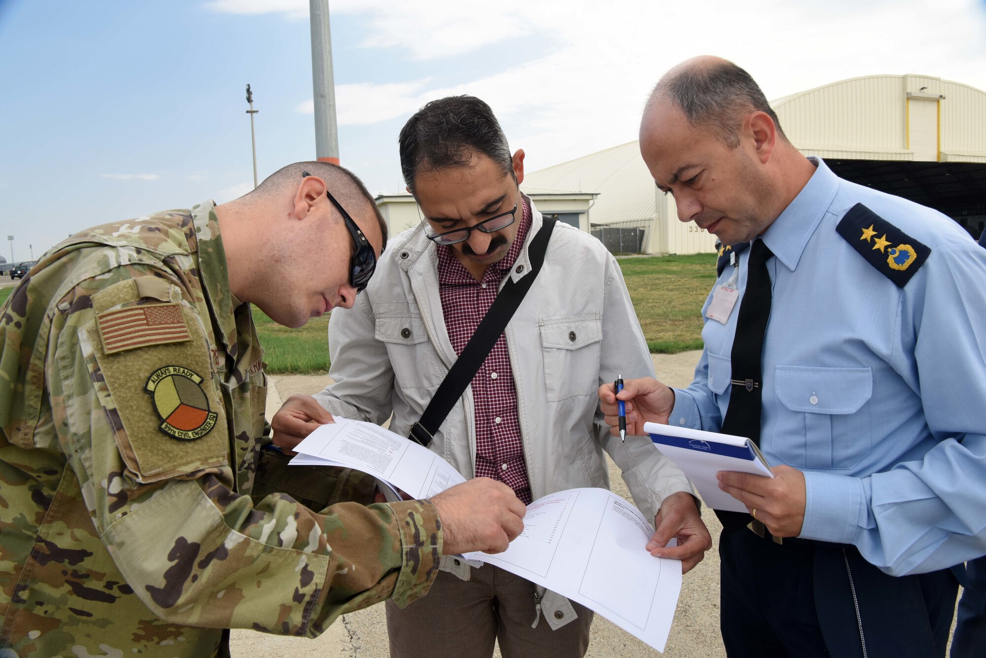 Turkish and U.S. Air Force members collect data during Paver training Oct. 22, 2019, at Incirlik Air Base, Turkey. Students worked together to reach their goals of learning the essentials of gathering pavement condition index data. (U.S. Air Force photo by Tech. Sgt. Jim Araos)