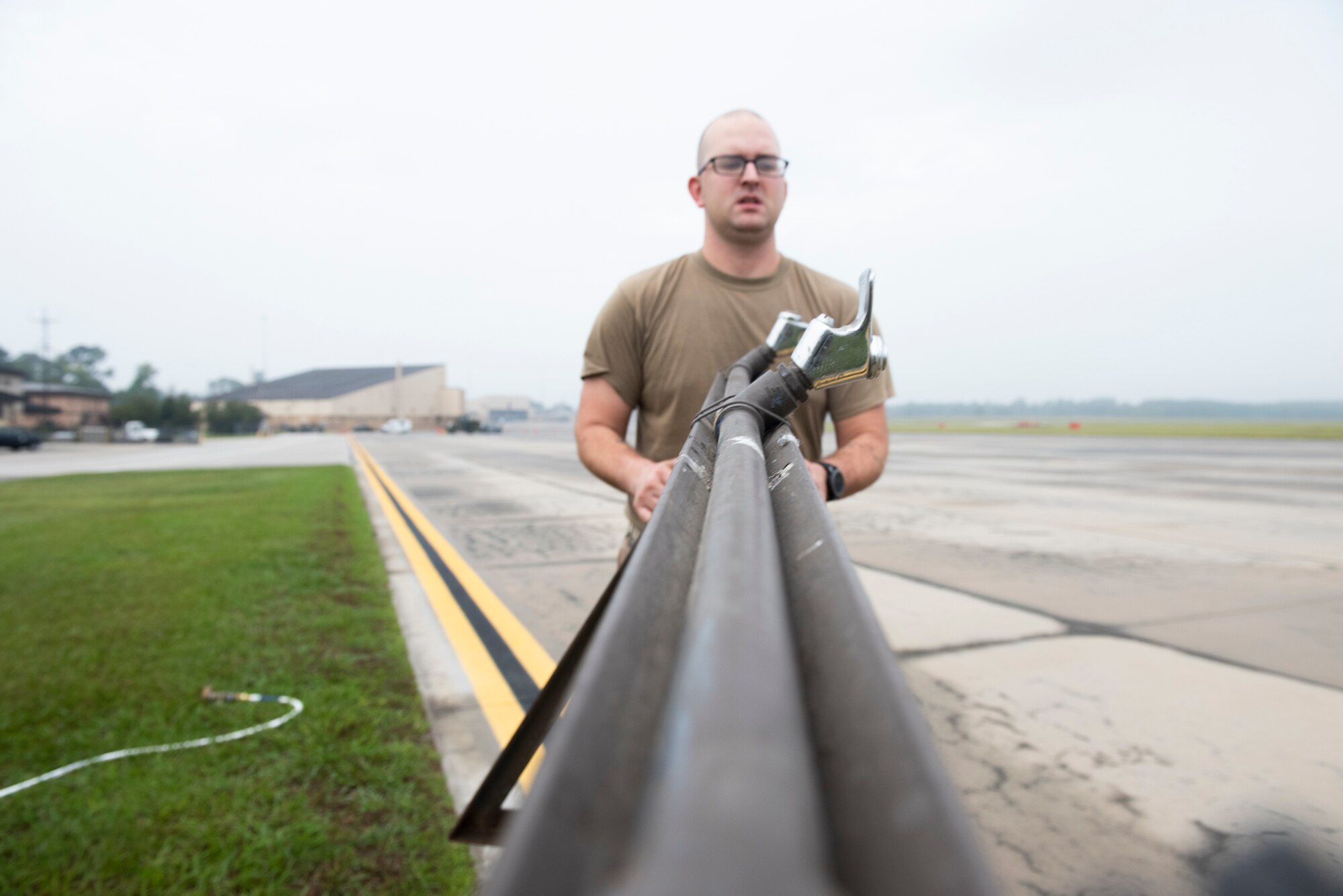Staff Sgt. Douglas Shaw, 23d Civil Engineer Squadron (CES) water and fuel systems maintenance journeyman, transports water fountains Oct. 29, 2019, at Moody Air Force Base, Ga. The 23d CES installed water fountains around the flightline in preparation for the air show. This will give air show attendees locations for clean water and help with dehydration related injuries. (U.S. Air Force photo by Airman Elijah Dority)