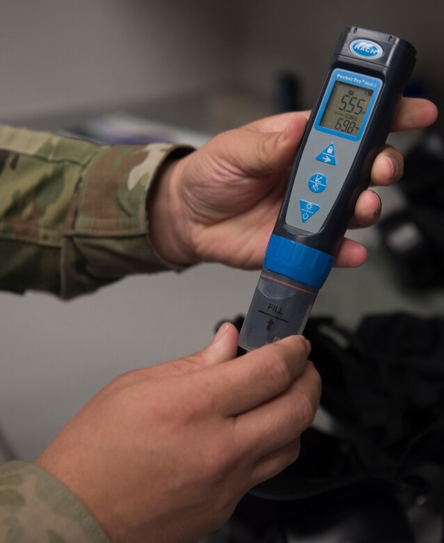 Technical Sgt. Nicholas Shannon, NCO in charge of environmental health for the 628th Operational Medical Readiness Squadron, checks the hydrogen levels in water Oct. 24, 2019, at Joint Base Charleston, S.C. The 628th Bioenvironmental Engineering Flight works to ensure the safety of all Airmen. PH level between 6.5 and 7.5 is safe to drink.