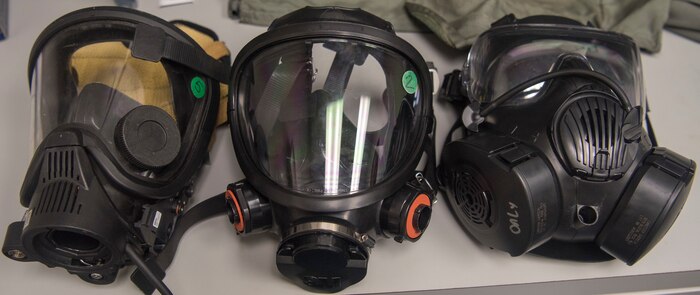 A Mind Safety Appliance FireHawk first responder’s mask (left), Minnesota Mining and Manufacturing Full Face industrial respirator (center), and an M50 Gas masks (right) are displayed at the 628th Bioenvironmental Engineering Flight Oct. 24, 2019 at Joint Base Charleston S.C. The 628th Bioenvironmental Engineering Flight uses these masks for fit test.
