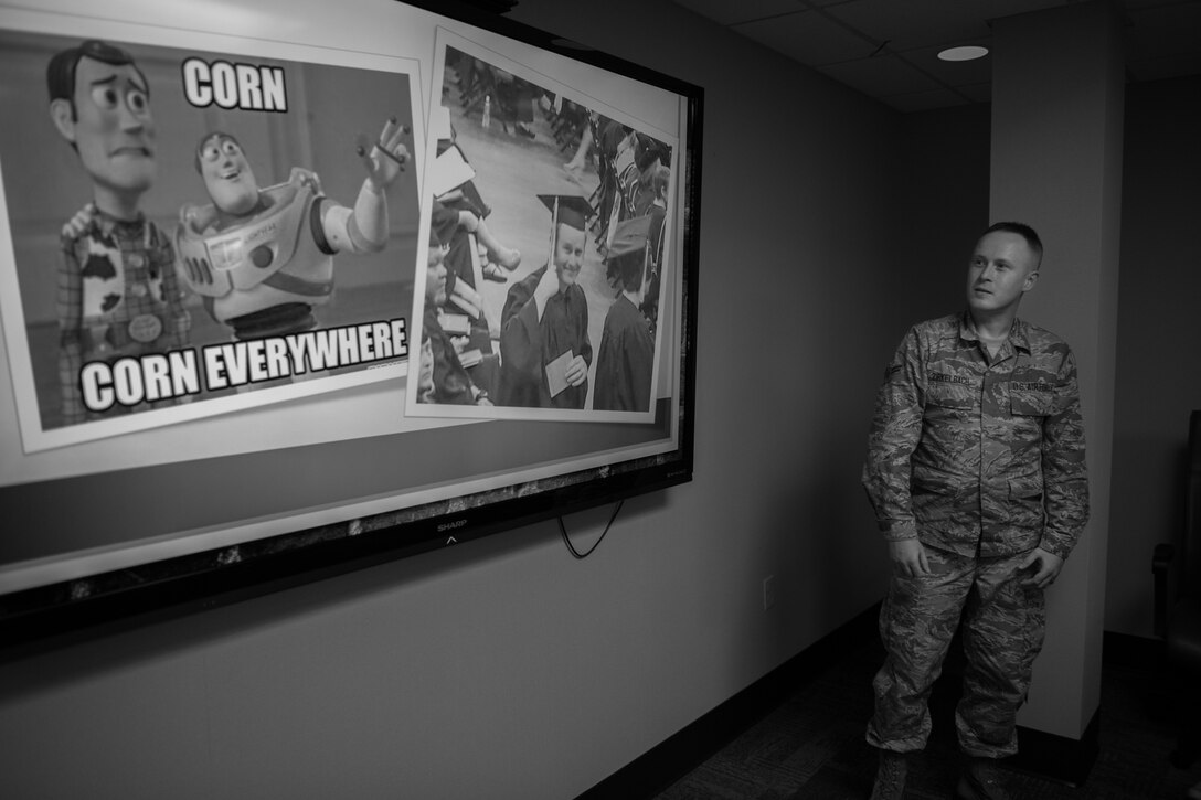 Airman 1st. Class Jeremy Zirkelbach, a 932nd Maintenance Squadron crew chief, shares his Airman’s story during the pre October unit training assembly Wing review leadership meeting, Oct. 18, 2019, Scott Air Force Base, Illinois. Zirkelbach spoke about his hometown high school and how it was referred as Cornfield High, since it is surrounded by cornfields. (U.S. Air Force photo by Christopher Parr)