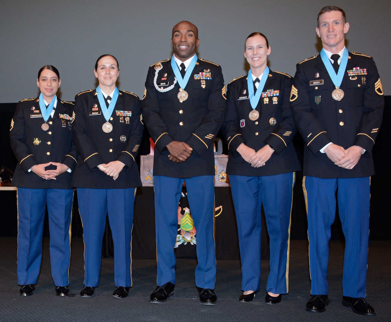 Sergeant Audie Murphy Club inductees (left to right) Staff Sgt. Jazmi I. Swingler, Staff Sgt. Brandy M. Ritch, Staff Sgt. Charles E. Mays Jr., Staff Sgt. Kacie M. Kennedy, and Staff Sgt. Alexander H. Bach.
