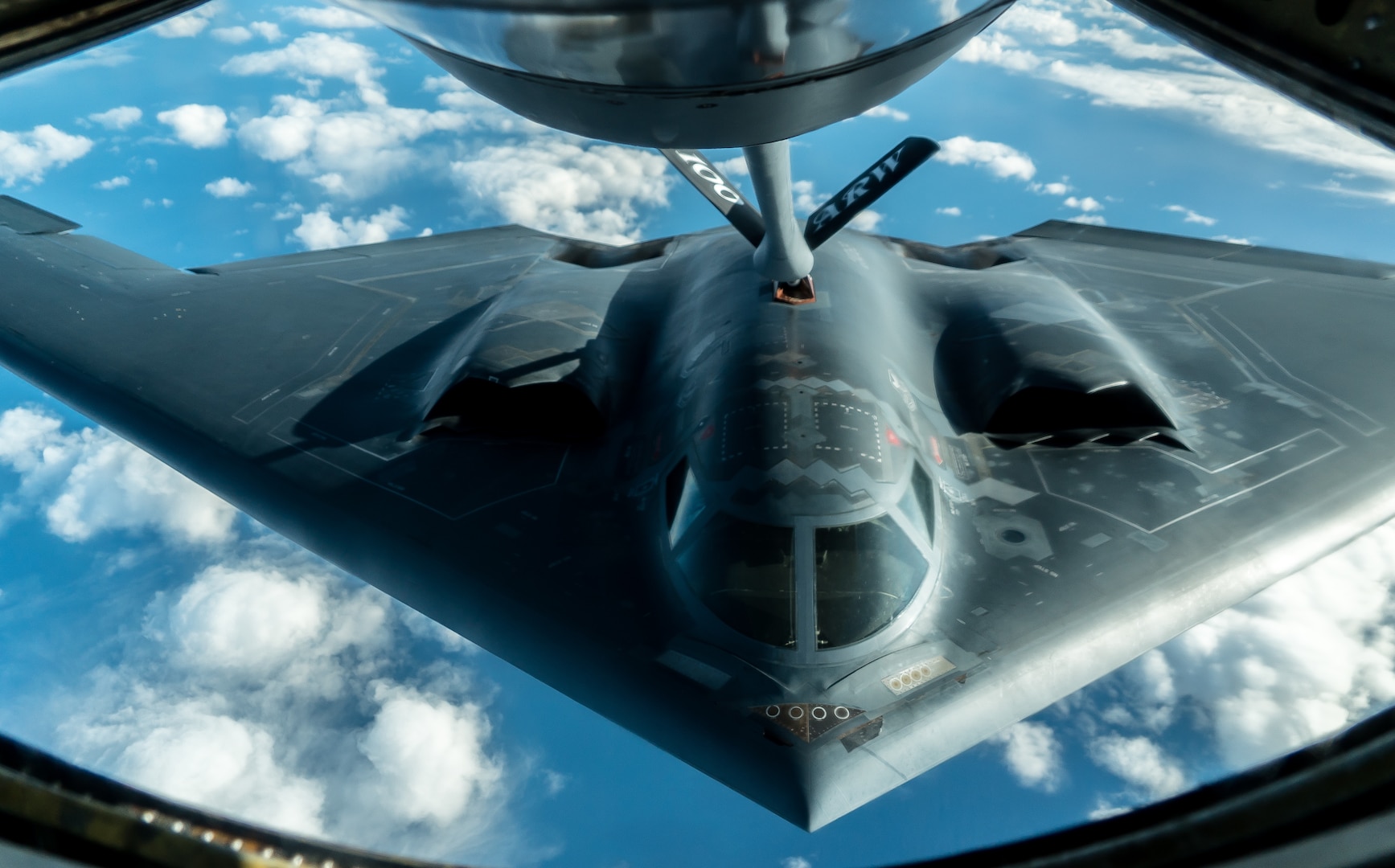 A U.S. Air Force B-2 Spirit assigned to the 509th Bomb Wing from Whiteman Air Force Base, Missouri, receives fuel from a 100th Air Refueling Wing KC-135 Stratotanker during Global Thunder 20, Oct. 28, 2019. Global Thunder is an annual command and control exercise that assesses and validates all of U.S. Strategic Command’s mission areas, tests joint and field training operations, and has a specific focus on nuclear readiness. (U.S. Air Force photo by Staff Sgt. Trevor T. McBride)