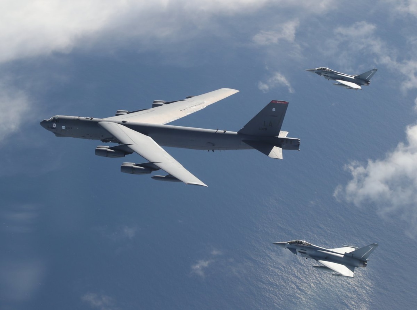 A B-52H Stratofortress from the 2nd Bomb Wing at Barksdale Air Force Base, La., integrates with Royal Air Force Typhoon fighters during Global Thunder as part of a Bomber Task Force mission Oct. 28, 2019. The mission tested areas of mutual concern and fortified military collaboration. (Royal Air Force Photo)