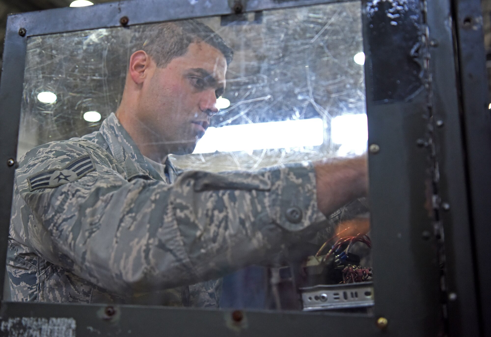 Senior Airman John Vega-Guzman, 100th Maintenance Squadron aerospace ground equipment technician, repairs wiring on a ground power unit at RAF Mildenhall, England, Oct. 23, 2019. The AGE shop inspects hundreds of pieces of equipment which are essential to ensuring an aircraft’s mission readiness. (U.S. Air Force photo by Senior Airman Brandon Esau)
