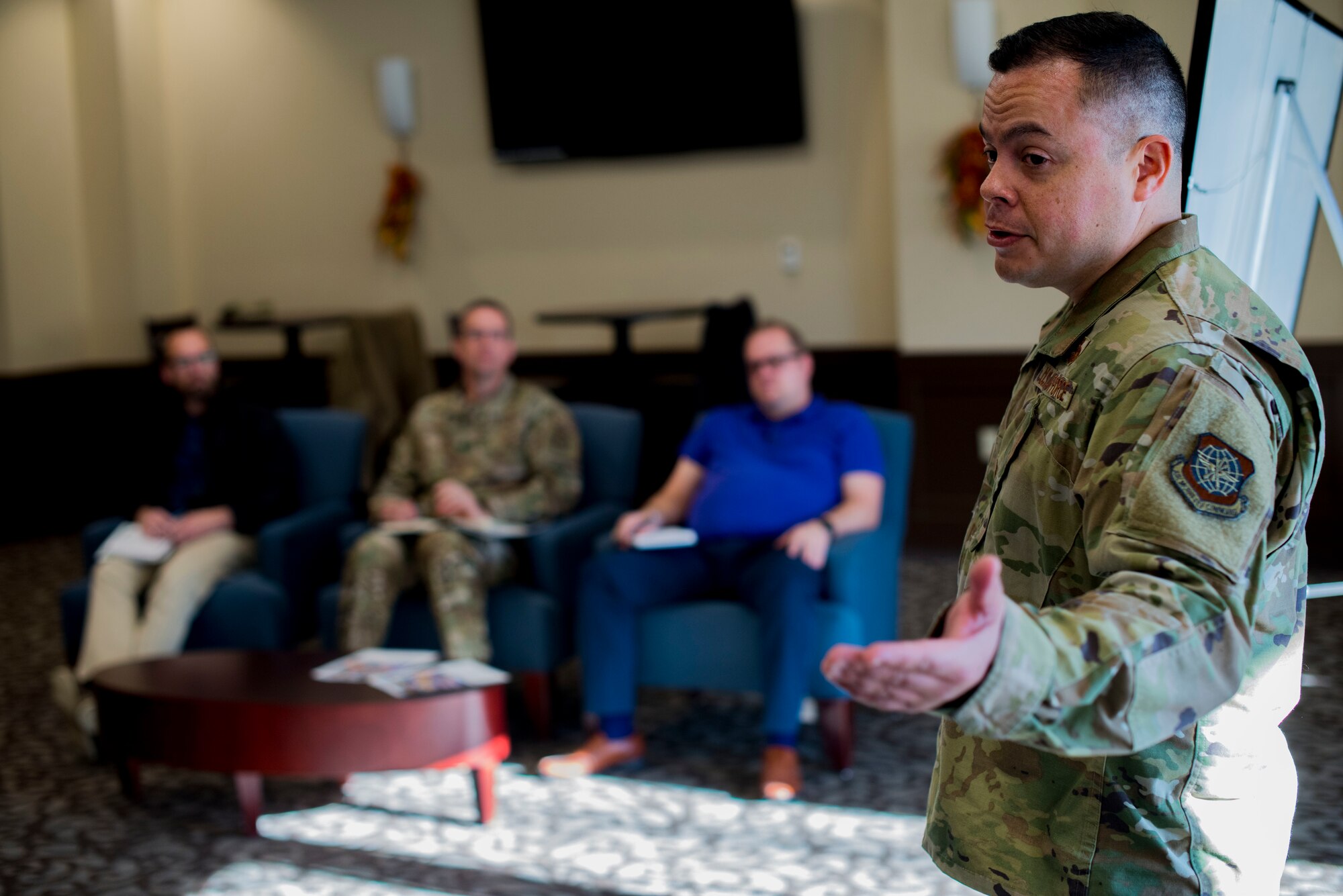 U.S. Air Force Master Sgt. David Fernandez, 92nd Logistic Readiness Squadron vehicle maintenance superintendent, pitches his idea to judges at the Energy Spark Tank forum held by the 92nd Civil Engineer Squadron at Fairchild Air Force Base, Washington, Oct. 29, 2019. Similar to Fairchild’s previous Inland Spark competition that focused on innovation, the 92nd CES Spark Tank focused on energy initiatives that propel Fairchild to continue being Green in 19. (U.S. Air Force photo by Airman 1st Class Lawrence Sena)