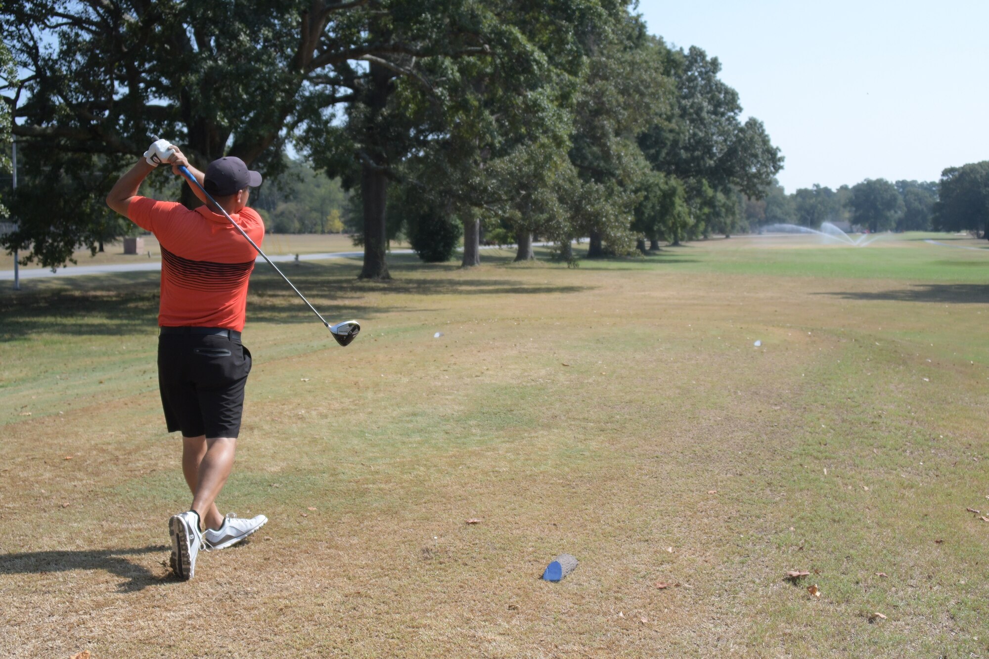 U.S. Air Force Staff Sgt. Justin Broussard, 116th Maintenance Group, 116th Air Control Wing, Georgia Air National Guard, practices his golfing at the base golf course at Robins Air Force Base, Georgia, Oct. 3, 2019. Broussard will be representing Team USA in golf at the 7th CISM World Games in Wuhan, China. U.S. Air National Guard photo by Barry Bena.