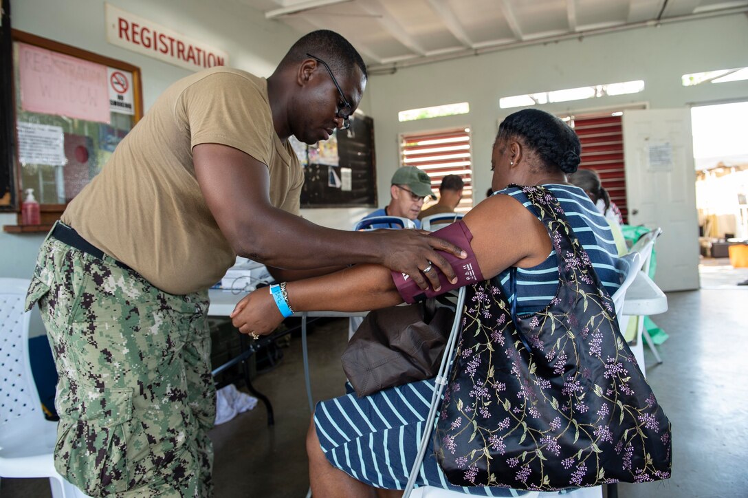 A doctor checks vital signs of a woman.