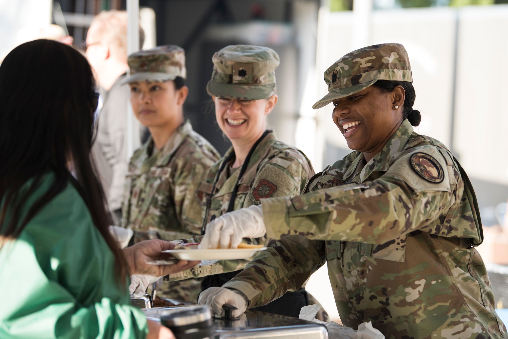 Vandenberg Air Force Base members serve breakfast during the 2019 Santa Barbara County Veteran Stand Down event Oct. 19, 2019, in Santa Maria, Calif. During the event, Airmen from Vandenberg AFB, Calif., assisted with serving food, carrying items for veterans and providing assistance in the supplies warehouse.(U.S. Air Force photo by Airman 1st Class Hanah Abercrombie)