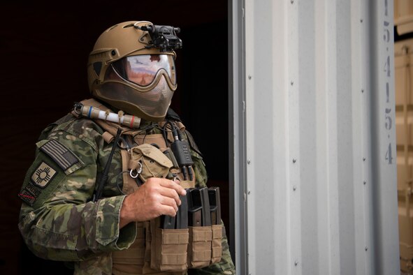 Dallas Lee, 27th Special Operations Support Squadron range support operations planning specialist,  poses for a photo during an exercise at Melrose Air Force Range, N.M., Sep. 17, 2019. One of the duties the Combat Training Element performs is water survival training with evasion resistance and escape. CTE uses their boats to simulate a water landing with a parachute by dragging Airmen behind the boat on a cable. (U.S. Air Force photo by Senior Airman Gage Daniel)