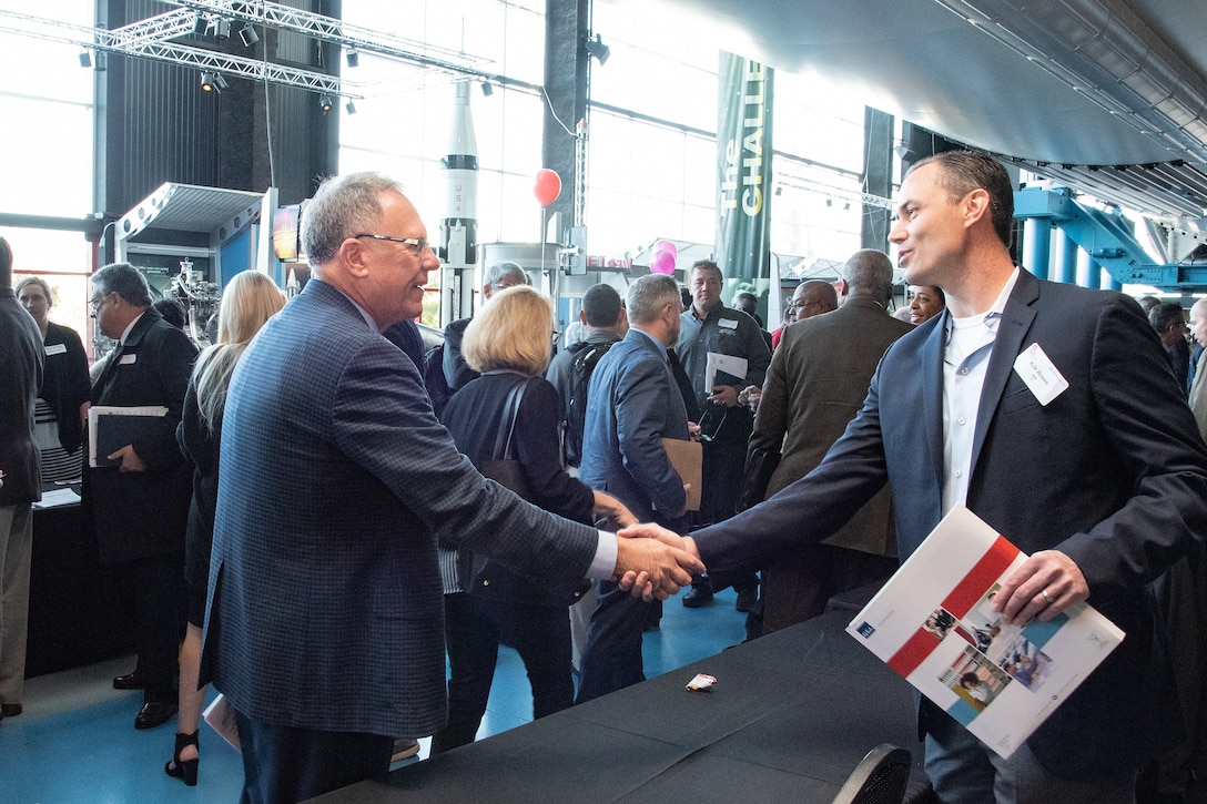 Hundreds of representatives from businesses small and large attend the 2019 Small Business Forum in the Davidson Center for Space Exploration at the U.S. Space & Rocket Center in Huntsville, Ala., Oct. 24, 2019. The event gave businesses an opportunity to connect face to face with members of the U.S. Army Engineering and Support Center, Huntsville.