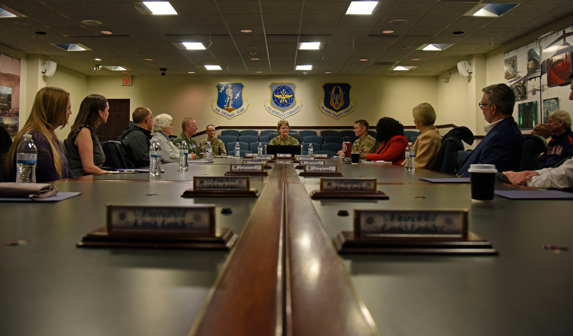 U.S. Air Force Gen. Maryanne Miller, Air Mobility Command commander, discusses AMC priorities with Spokane-area civic leaders during a civic leader tour to Scott Air Force Base, Illinois, Oct. 16.  The Air Force is trying to overcome license reciprocity, child care and education systems concerns that Airmen and their families have in their respective communities. (U.S. Air Force photo by Senior Airman Jesenia Landaverde)