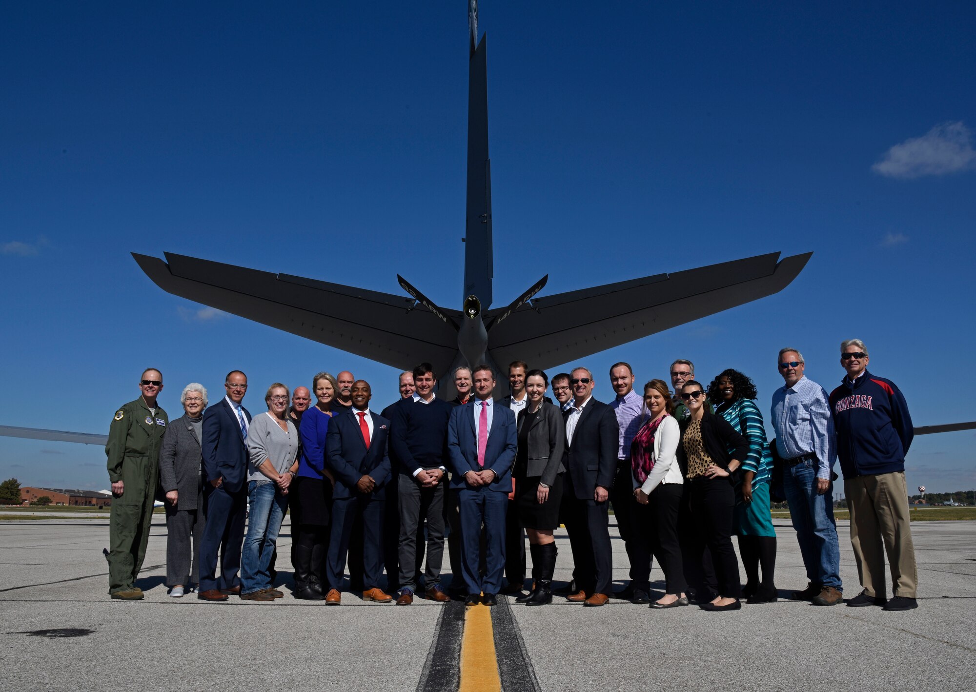 Fairchild Air Force Base aircrew members and Spokane-area civic leaders pose for a photo during a civic leader tour to Scott Air Force Base, Illinois, Oct. 17. Key Air Force personnel and civic leaders team up to ensure the highest quality of life for service members and their families. (U.S. Air Force photo by Senior Airman Jesenia Landaverde)