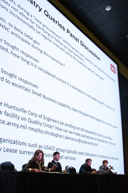 Leaders from the U.S. Army Engineering and Support Center, Huntsville, host a question-and-answer session during the 2019 Small Business Forum at the U.S. Space & Rocket Center in Huntsville, Ala., Oct. 24, 2019. The event gave businesses an opportunity to connect face to face with members of the U.S. Army Engineering and Support Center, Huntsville.