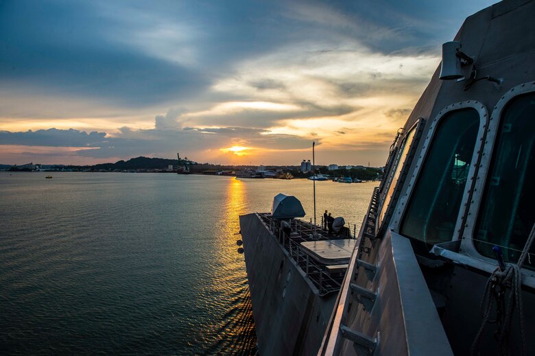MUARA, Brunei (Oct. 30, 2019) The Independence-variant littoral combat ship USS Montgomery (LCS 8) arrives in Muara, Brunei, during Cooperation Afloat Readiness and Training (CARAT) Brunei. This year marks the 25th iteration of CARAT, a multinational exercise designed to enhance U.S. and partner navies' abilities to operate together in response to traditional and non-traditional maritime security challenges in the Indo-Pacific region.