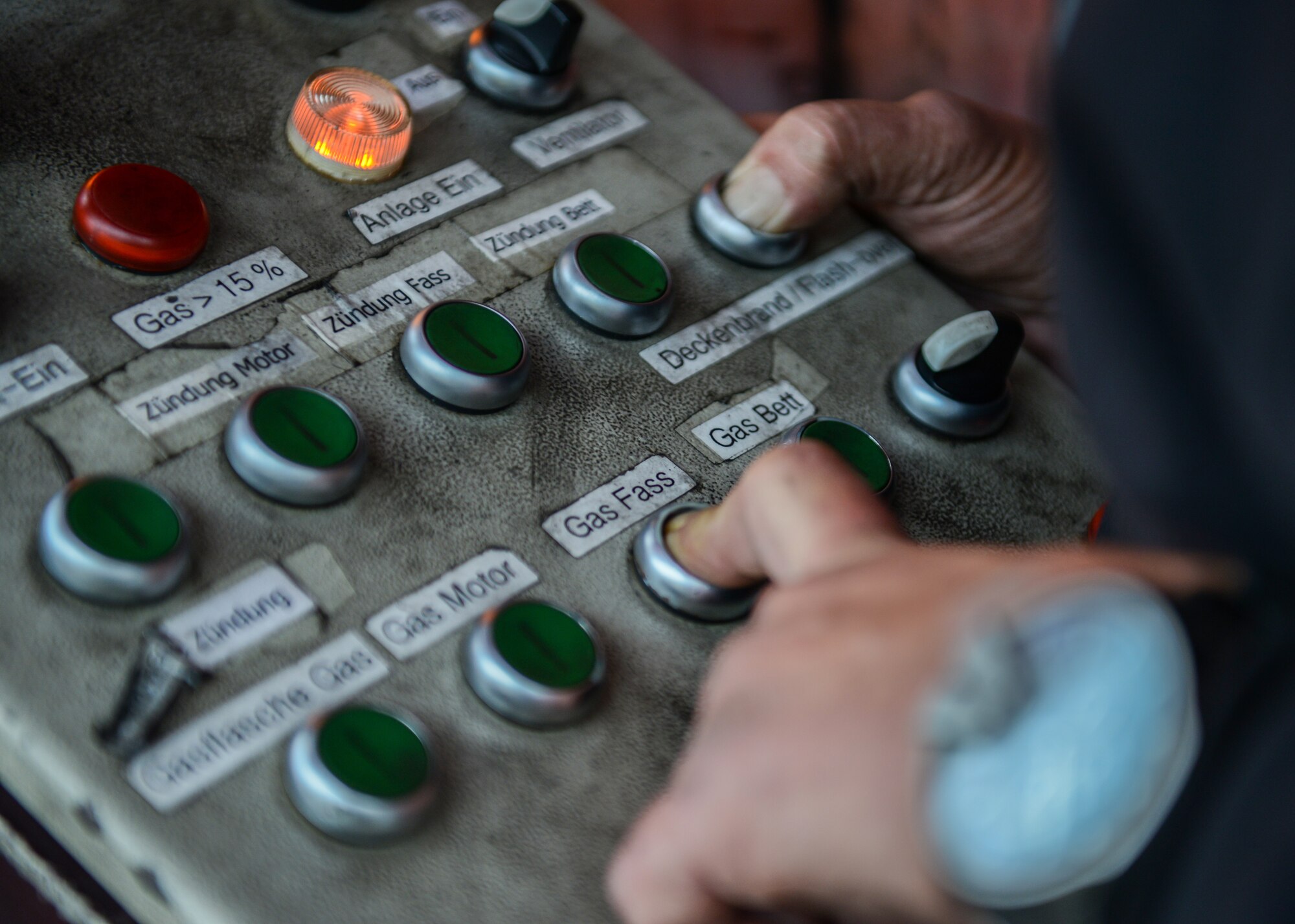 A control panel for a live fire training exercise is used at Aviano Air Base, Italy, Oct. 29, 2019. The panel was used to control when and where a fire would start in the burn house. (U.S. Air Force photo by Airman Thomas S. Keisler IV)