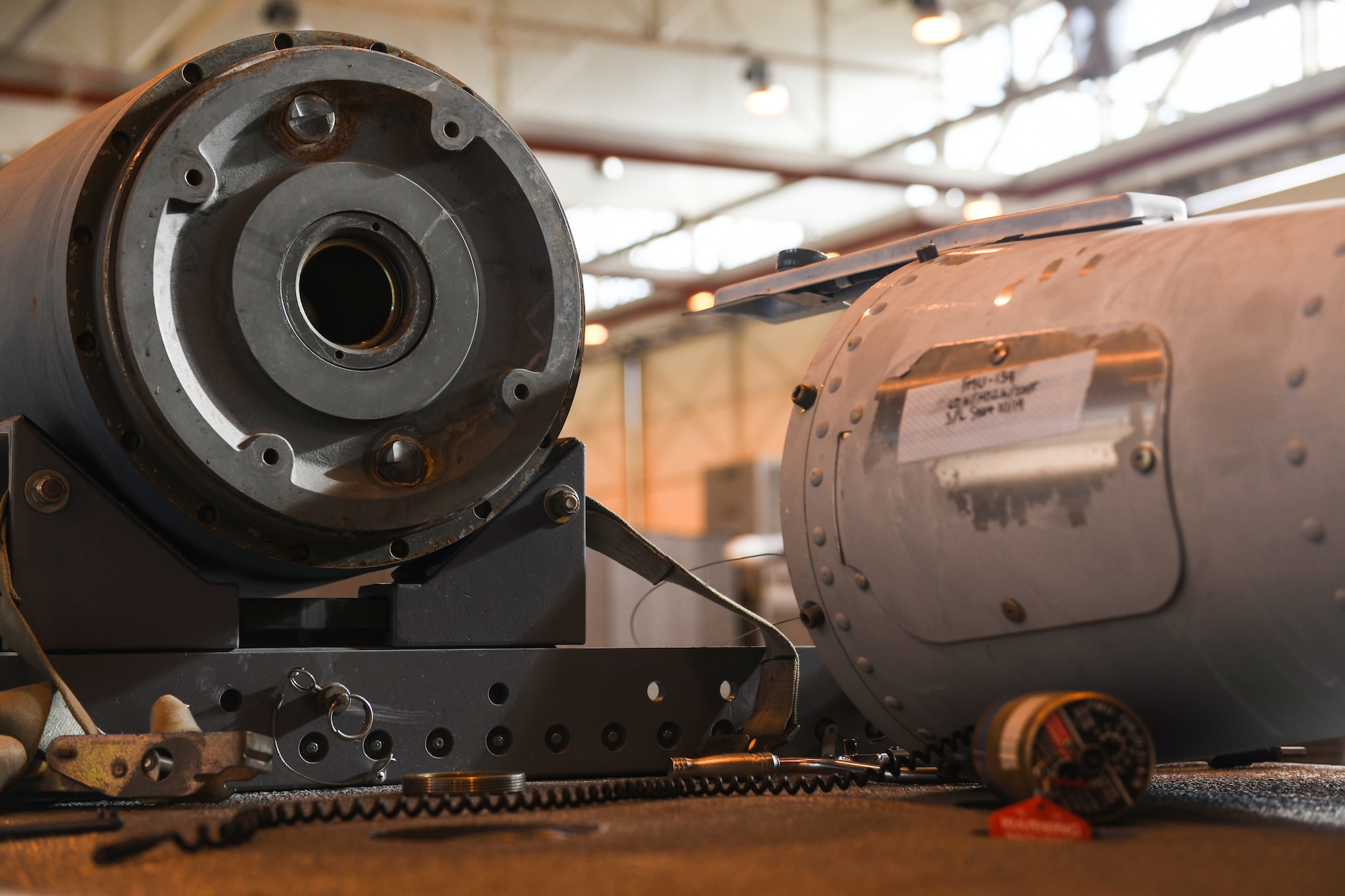 An inert bomb sits on top of a trailer at Aviano Air Base, Italy, Oct. 31, 2019. The 31st Munitions Squadron held the very first Rapid Aircraft Generation and Employment competition. (U.S. Air Force photo by Airman 1st Class Ericka A. Woolever).