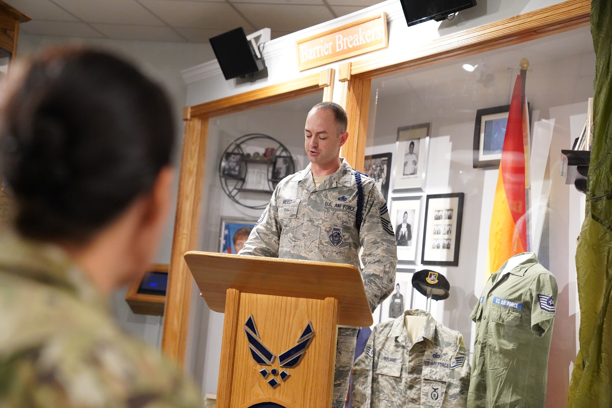 U.S Air Force Chief Master Sgt. Daniel Reed, Second Air Force military training instructor and military training leader career field manager, gives remarks before the unveiling of the MTL wall at the Air Force Enlisted Heritage Hall at Maxwell Air Force Base Gunter Annex, Alabama, Oct. 30, 2019. MTLs play a vital role in the development of the next generation of Air Force leaders, warfighters, and protectors of freedom. The Air Force Enlisted Heritage Hall has dedicated a wall to highlight their lineage and contributions to the Air Force. (U.S Air Force photo by Airman 1st Class Spencer Tobler)
