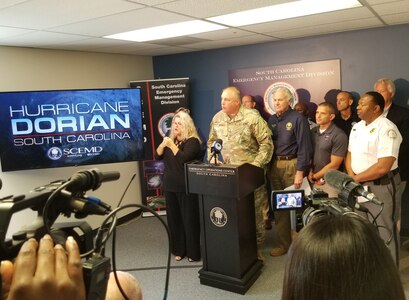 U.S. Army Maj. Gen. Van McCarty, the adjutant general for South Carolina, provided an update on the South Carolina National Guard in response to Hurricane Dorian during a press conference with South Carolina Gov. Henry McMaster, Sept. 1, 2019.  Approximately 1,000 South Carolina National Guard Soldiers and Airmen have reported to their units throughout the state to provide support to state partners.