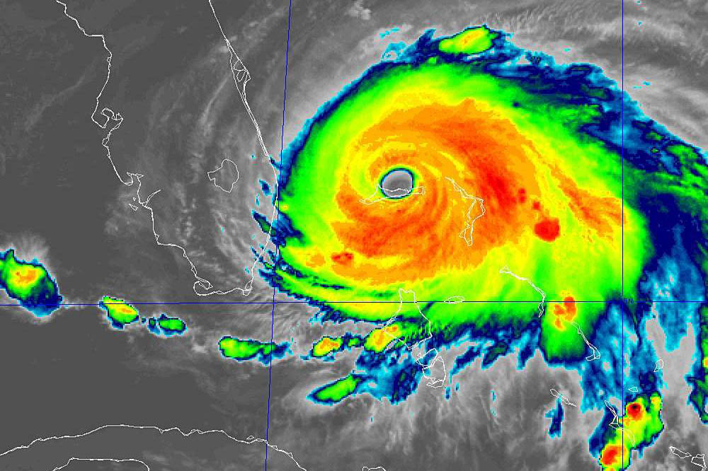 Color satellite imagery shows a hurricane.