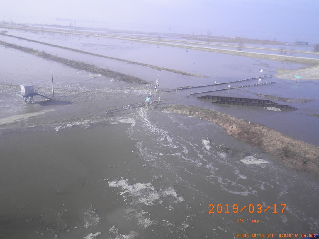 Flooding at Hamburg – Ditch 6 covers a section of 310th St and the Burlington Northern Santa Fe Rail Line. Photo taken on Mar. 17, 2019.