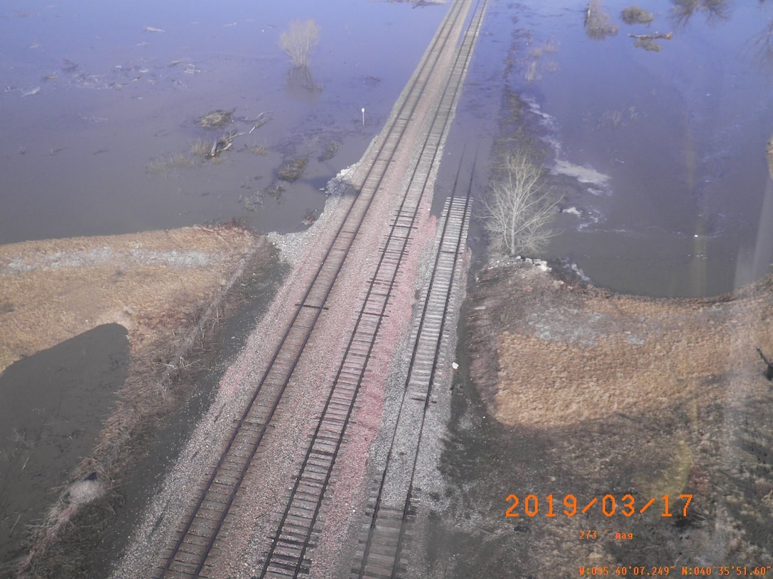Flooding at Hamburg – Ditch 6 covered a section Burlington Northern Santa Fe Rail Line. Photo taken Mar. 17, 2019.