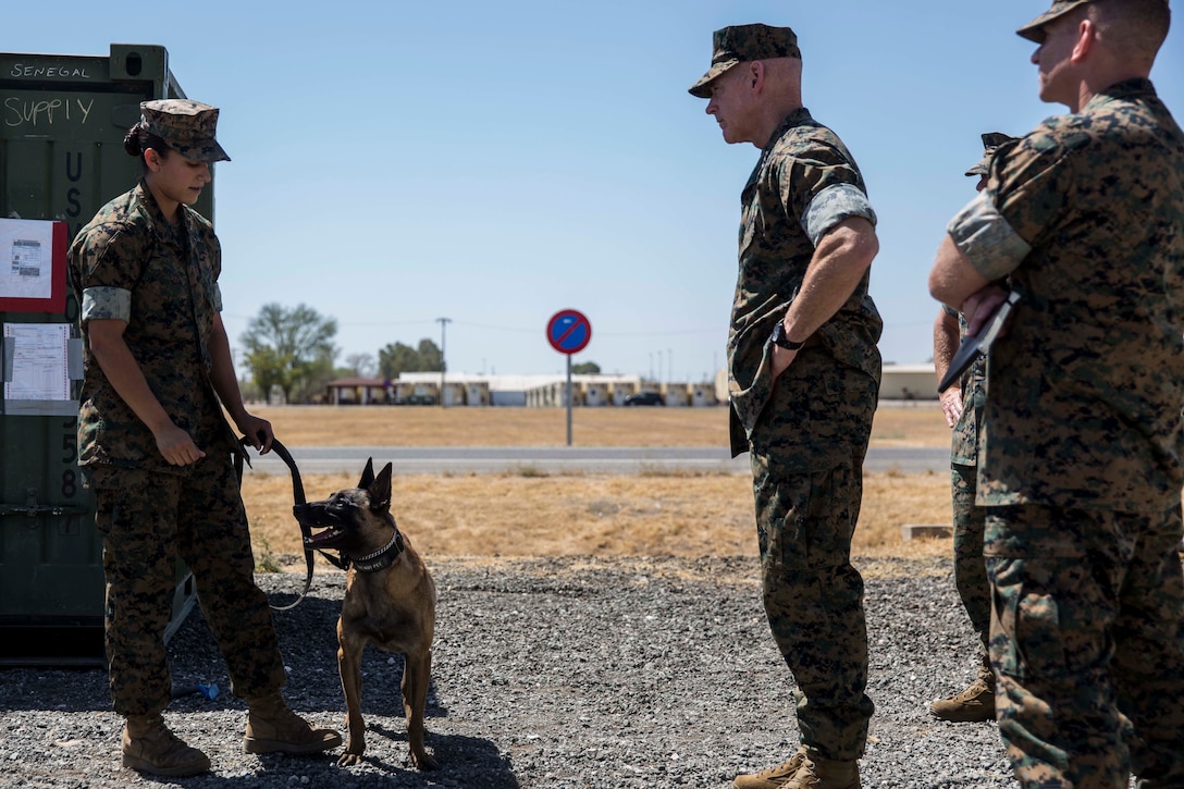 U.S. Marine Lt. Gen. Brian Beaudreault, II Marine Expeditionary Force commanding general, visits with a military working dog handler with Special Purpose Marine Air-Ground Task Force-Crisis Response-Africa 19.2, Marine Forces Europe and Africa, during a command visit to Moron Air Base, Spain, Aug. 24, 2019.