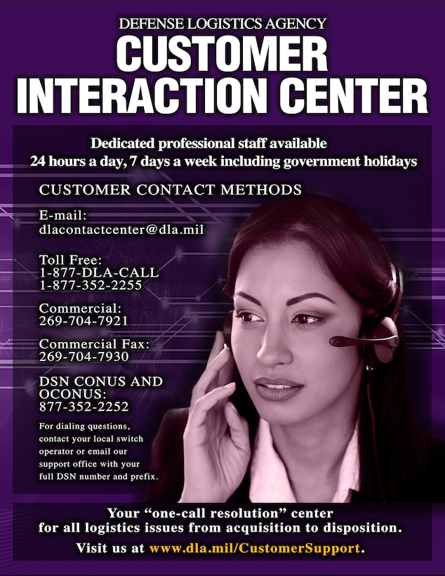 Infographic poster with Customer Interaction Center contact information with woman wearing headset.