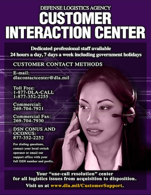 Infographic poster with Customer Interaction Center contact information with woman wearing headset.