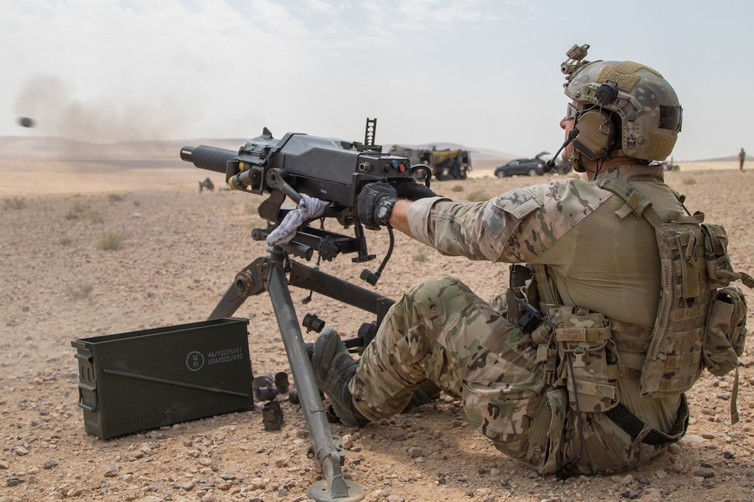 A soldier fires a grenade launcher.