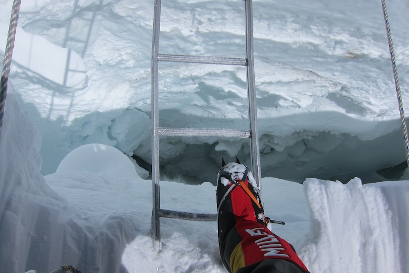 Crossing a crevasse.