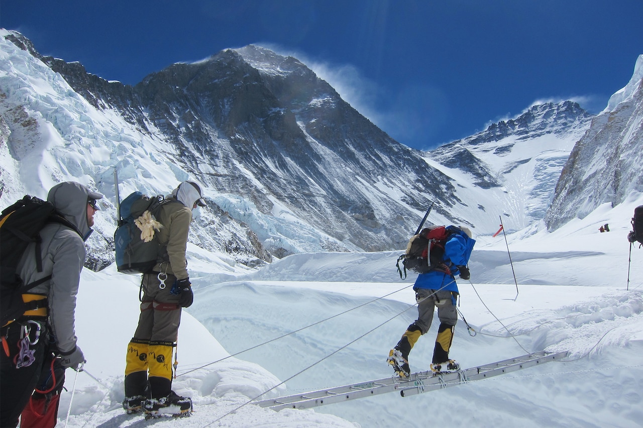 Crossing a crevasse.