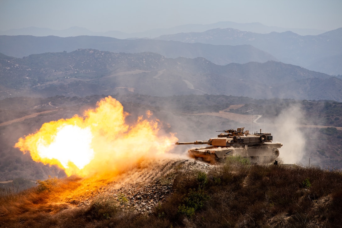 An M1A2 Abrams Main Battle Tank fires during the Tank Gunnery Competition, TIGERCOMP on Marine Corps Base Camp Pendleton, August 29. TIGERCOMP is an annual force competition that determines the Marine Corps’ most lethal tank crew. The winning crew, 4th Tank Battalion, 4th Marine Division, Marine Forces Reserve, will have the opportunity represent the Marine Corps in the Sullivan Cup, which is the Army’s total force tank gunnery competition.