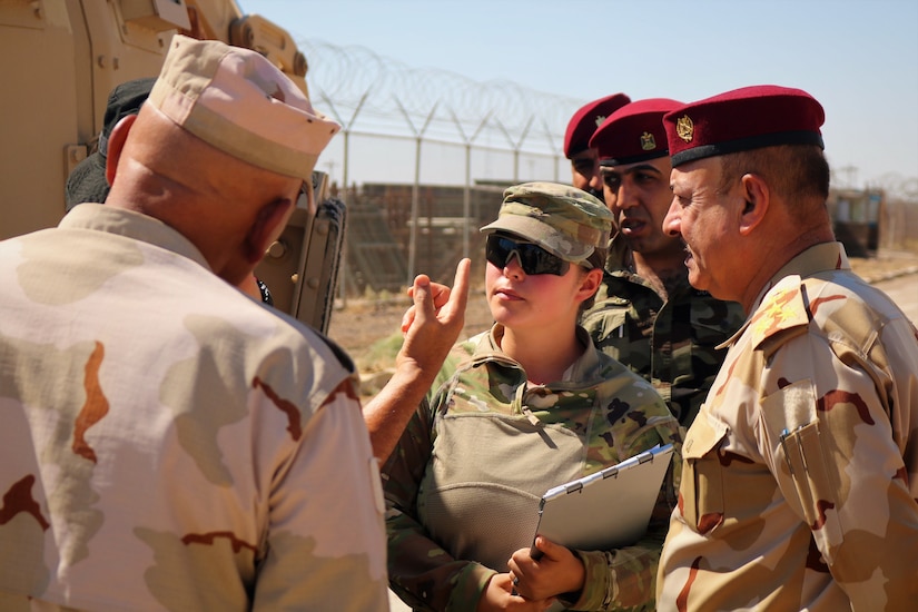 U.S. Army  2nd Lt. Briana Nisbet, 183d Maintenance Company Counter-ISIS Train and Equip Fund (CTEF) officer in charge, ensures clear communication during a CTEF divestment with Iraqi Army at Camp Taji, Iraq, June 22, 2019. Combined Joint Task Force – Operation Inherent Resolve is in Iraq by invitation of, and operates in close coordination with, the Government of Iraq.