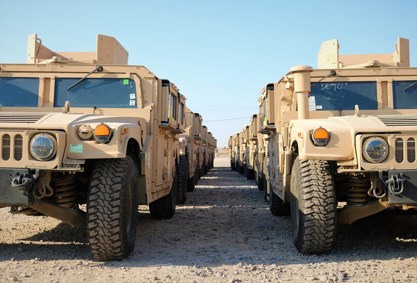 High Mobility Multipurpose Wheeled Vehicles are lined up and ready to go as part of the mobility package the Iraqi Army is receiving during the Counter-Daesh Train and Equip Fund (CTEF) Divestment at Camp Taji, Iraq, June 29, 2019. The 529th Support Battalion conducts CTEF divestments to assist Iraqi Security Forces strengthen their national security. The Coalition is in Iraq by invitation of, and operates in close coordination with, the Government of Iraq.