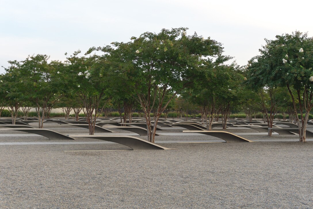 Memorial benches surrounded by trees with green leaves.