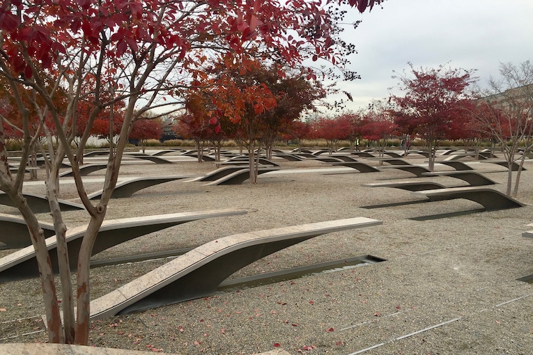 Red leaves on trees around the Pentagon Memorial.