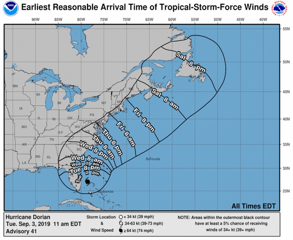 A map shows a possible track for Hurricane Dorian along the East Coast of the U.S.