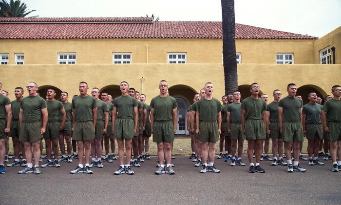 New Marines with Hotel Company, 2nd Recruit Training Battalion, sing along to their drill instructors' cadence during a motivational run at Marine Corps Recruit Depot San Diego, Aug. 29.