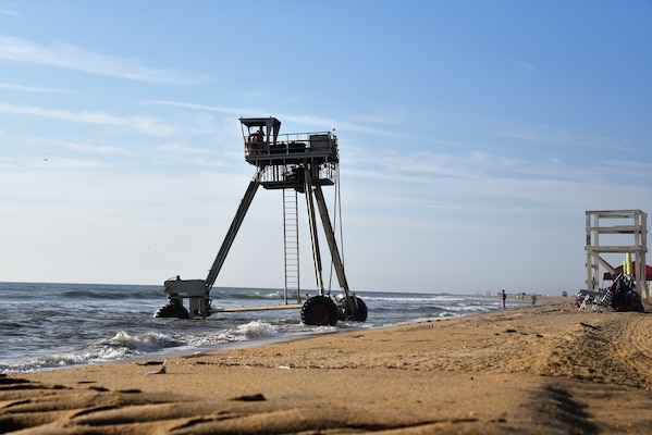 A coastal research amphibious buggy drive to the shoreline from the ocean