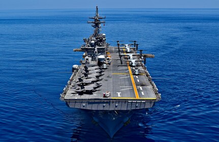 SOUTH CHINA SEA (March 29, 2019) The amphibious assault ship USS Wasp (LHD 1) transits the waters of the South China Sea. Wasp, flagship of Wasp Amphibious Ready Group, is operating in the Indo-Pacific region to enhance interoperability with partners and serve as a lethal, ready-response force for any type of contingency.