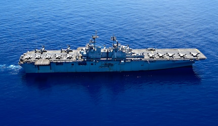 SOUTH CHINA SEA (March 29, 2019) The amphibious assault ship USS Wasp (LHD 1) transits the waters of the South China Sea. Wasp, flagship of Wasp Amphibious Ready Group, is operating in the Indo-Pacific region to enhance interoperability with partners and serve as a lethal, ready-response force for any type of contingency.