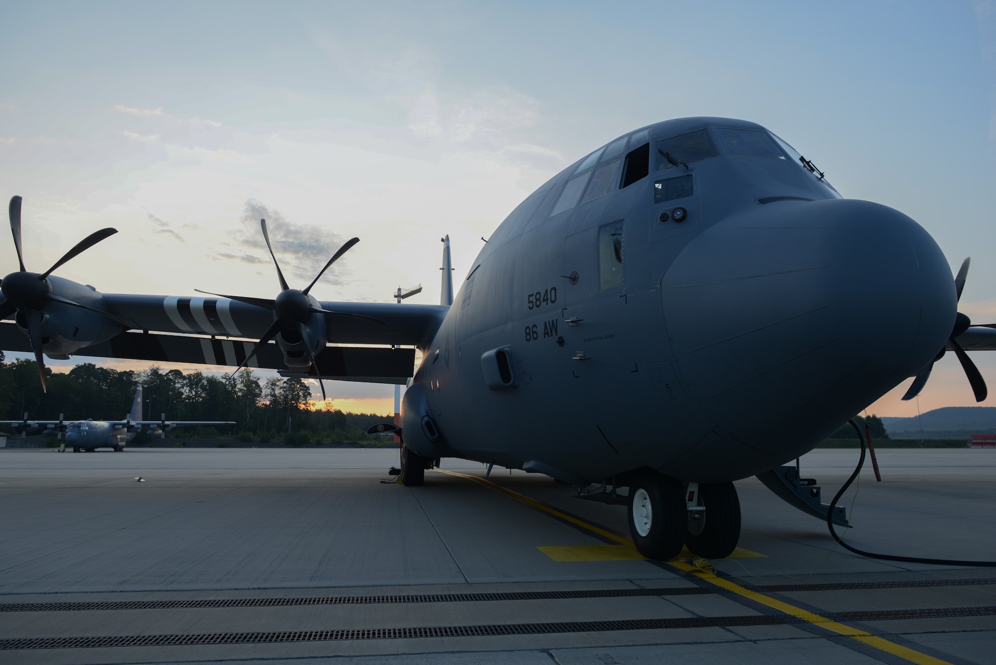A C-130J Super Hercules aircraft sits on the flightline at Ramstein Air Base, Germany, Aug. 29, 2019.