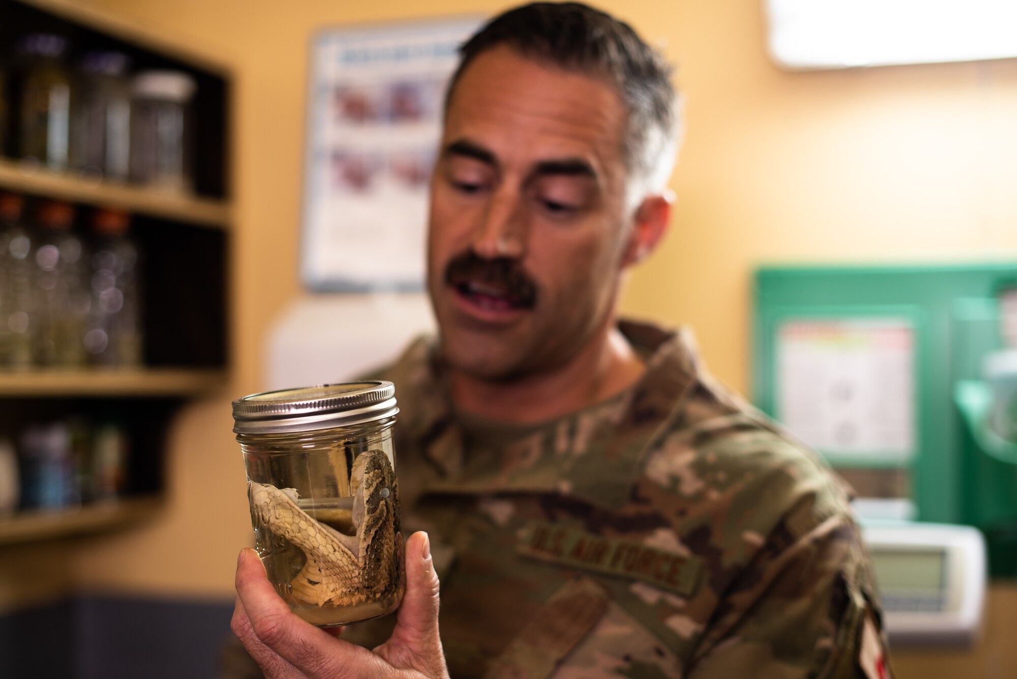 U.S. Air Force Maj. William White, 475th Expeditionary Air Base Squadron senior medical officer, explains the different types of wildlife found in the surrounding area to 435th Air Expeditionary Wing leadership during an immersion tour at Camp Simba, Kenya, Aug. 30, 2019. White showed the wing commander and command chief which types of snakes require immediate medical attention. (U.S. Air Force photo by Staff Sgt. Devin Boyer)