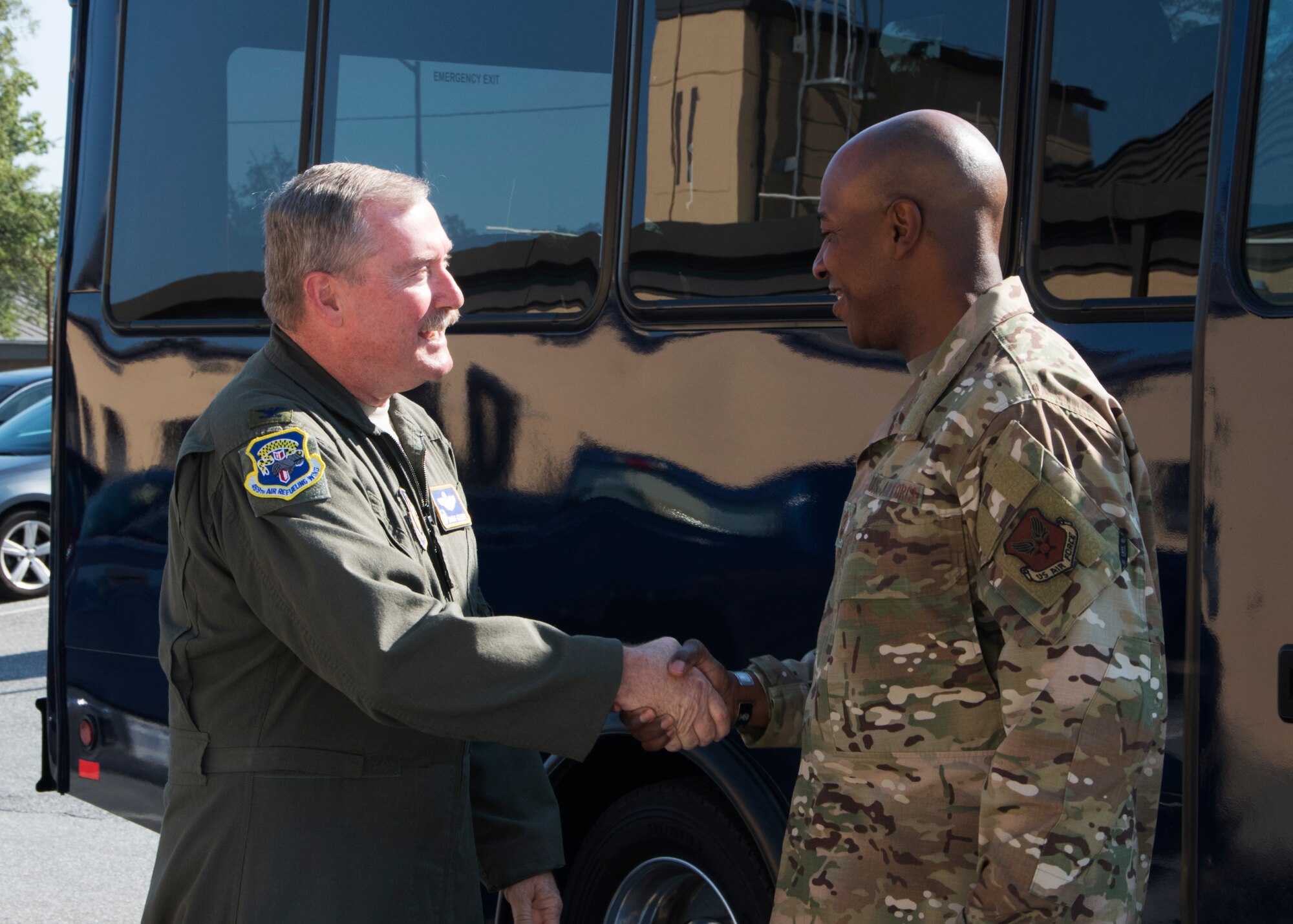 Col. Douglas Gullion, 459th Air Refueling Wing commander, greets Chief Master Sergeant of the Air Force Kaleth O. Wright during a visit to the wing Aug. 12, 2019, on Joint Base Andrews, Md. During his visit, Wright was shown a KC-135 Stratotanker by members of the 459th Maintenance Group prior to holding an all call where he addressed issues happening in today’s Air Force. (U.S. Air Force photo by Staff Sgt. Cierra Presentado/Released)